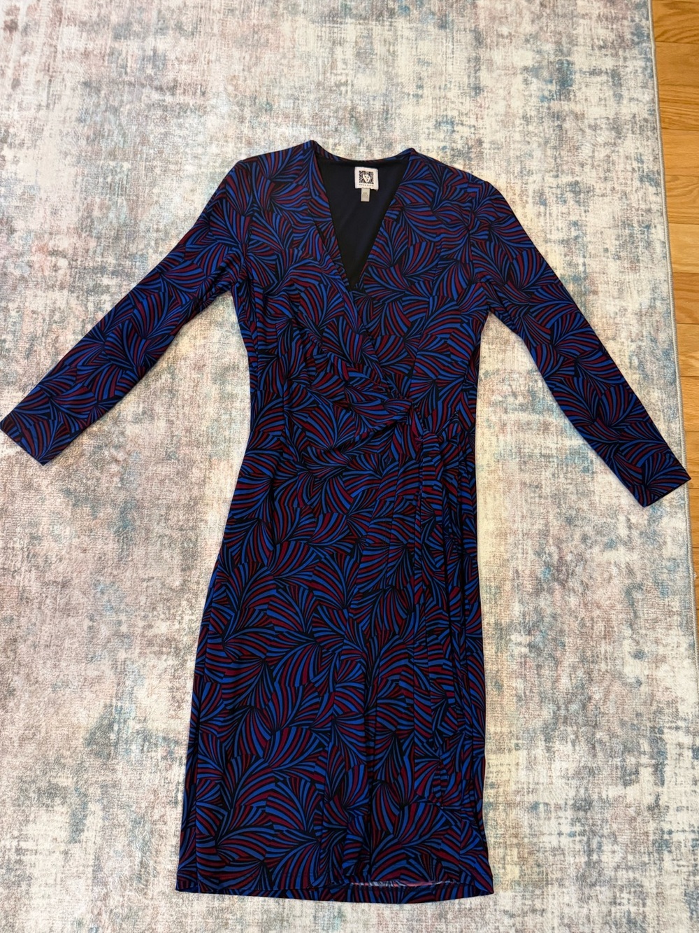 Anne Klein Blue and Black Leaf-Print Long Sleeve Wrap Dress